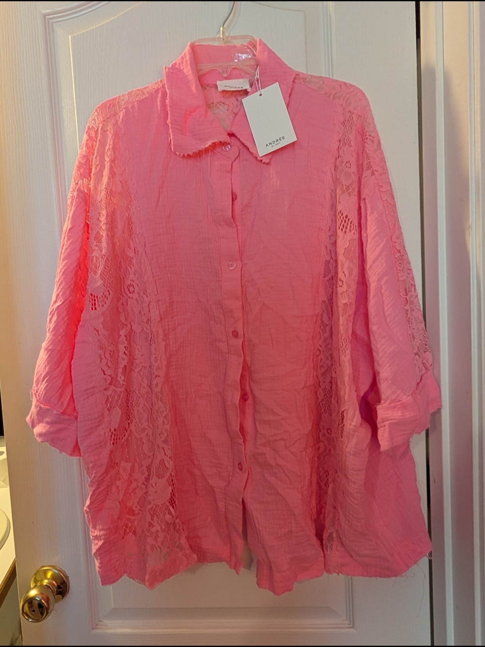 ANDREE BY UNIT Pink Lace-Panel Button-Down Shirt